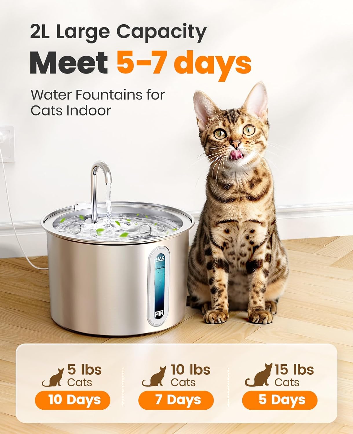 Stainless Steel Cat Water Fountain – 2 L Automatic Pet Fountain with Quiet Pump & Filters | Fresh, Flowing Water for Cats